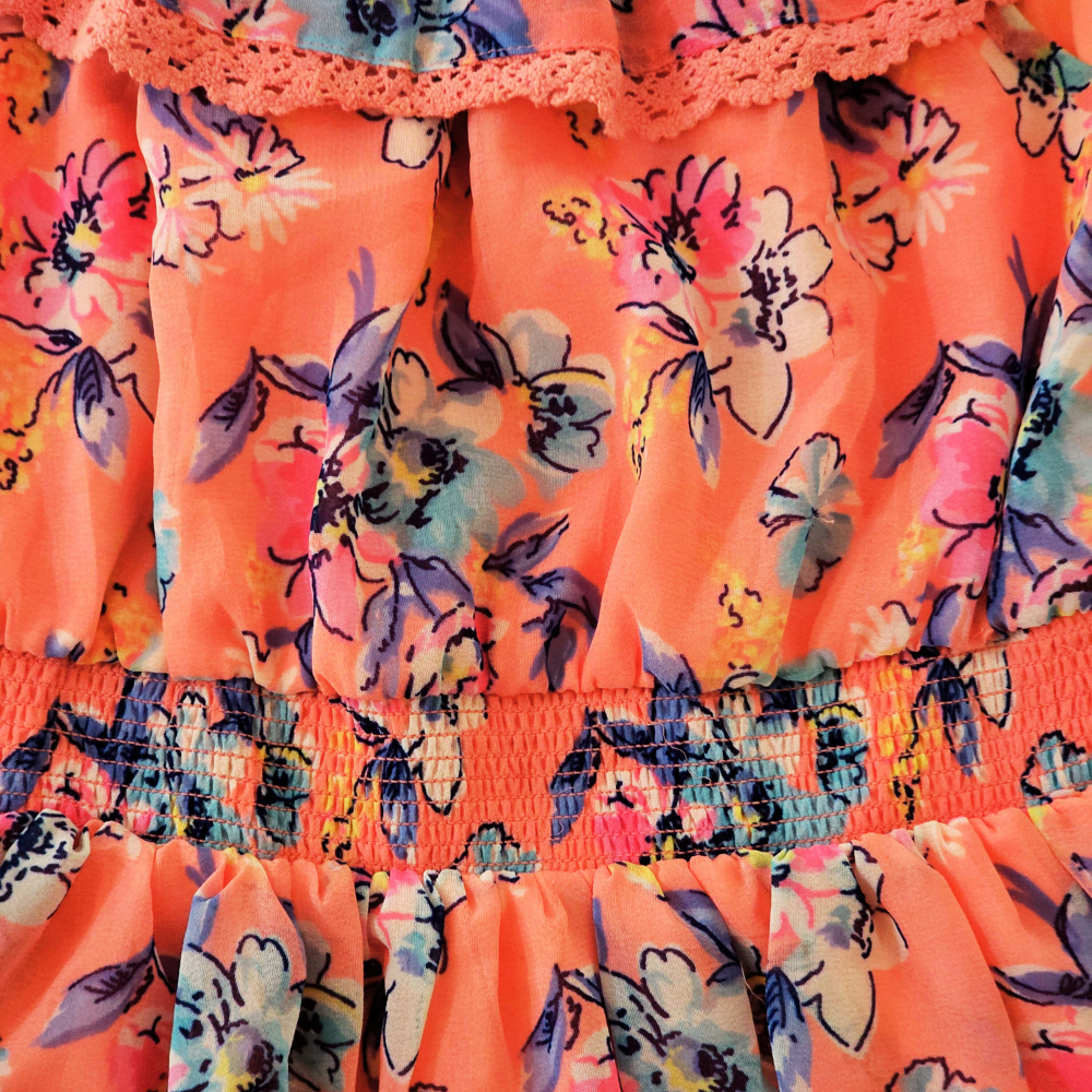 B - Robe rose à fleurs et dentelle, épaules dénudées, taille 11-12 ans #82