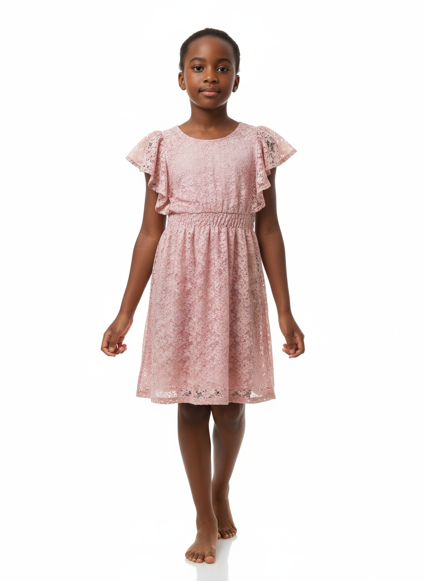 B - Robe 11 - 12 ans en dentelle rose manches à  volants  #56