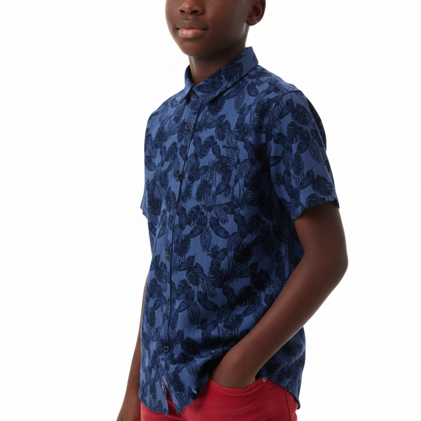B - chemise à  manches courtes avec un motif de feuilles bleues 11 - 12 ans #64
