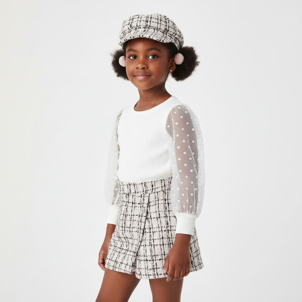 A - Tenue Fille Tout-Petit Patchwork en maille Chemise à Manches Longues et Jupe-culotte 5-6 ans#81