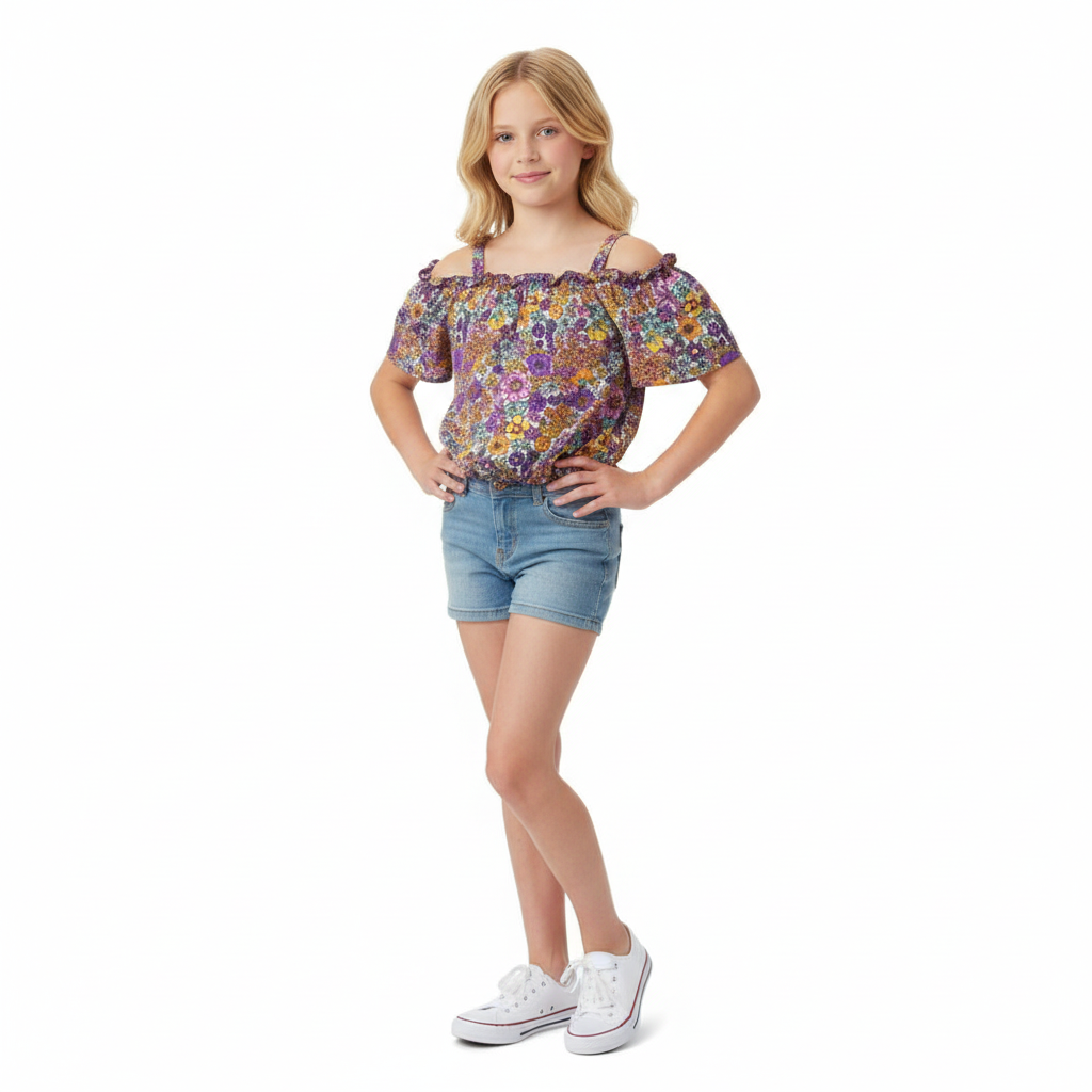 B - Haut court fleuri à épaules dénudées 12-13 ans.