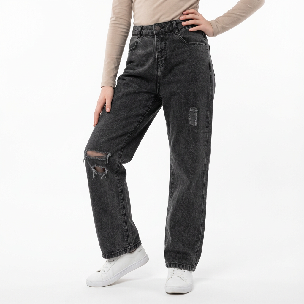 B - jean pantalon déchiré gris vintage large 12-13 ans #189