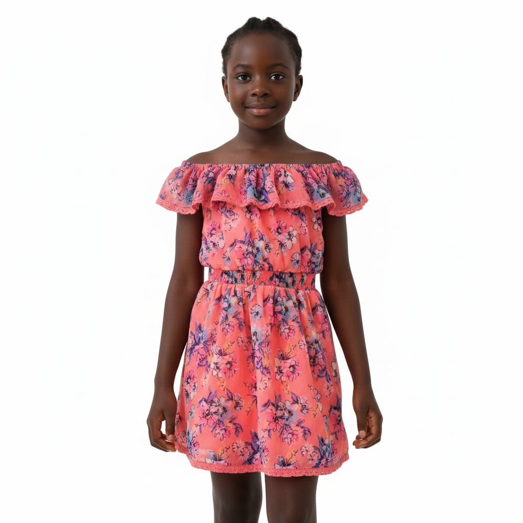 B - Robe rose à fleurs et dentelle, épaules dénudées, taille 11-12 ans #82