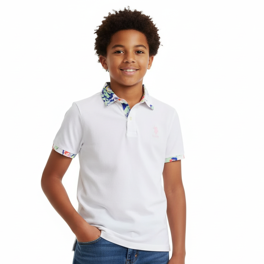 C - Polo blanc 11-12 ans col fleuris #88