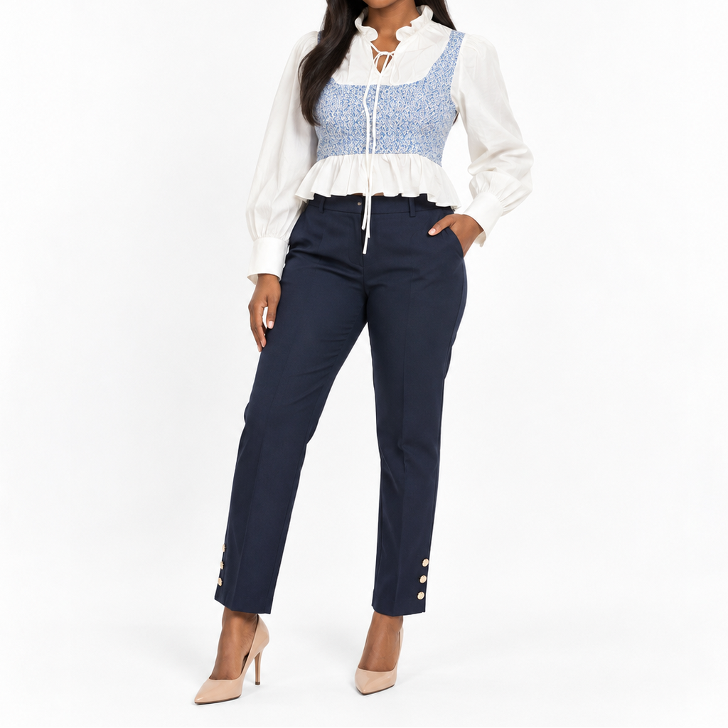 Ensemble chemisier blanc à  manches bouffantes avec pantalon taille M#599