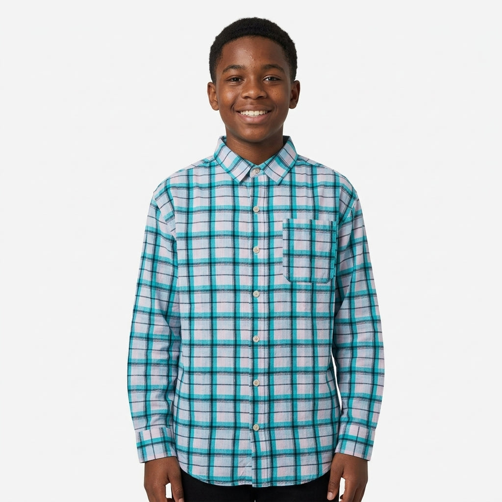 Long-sleeved button-down shirt — Collar and Pattern Detail | Generated by Modelize