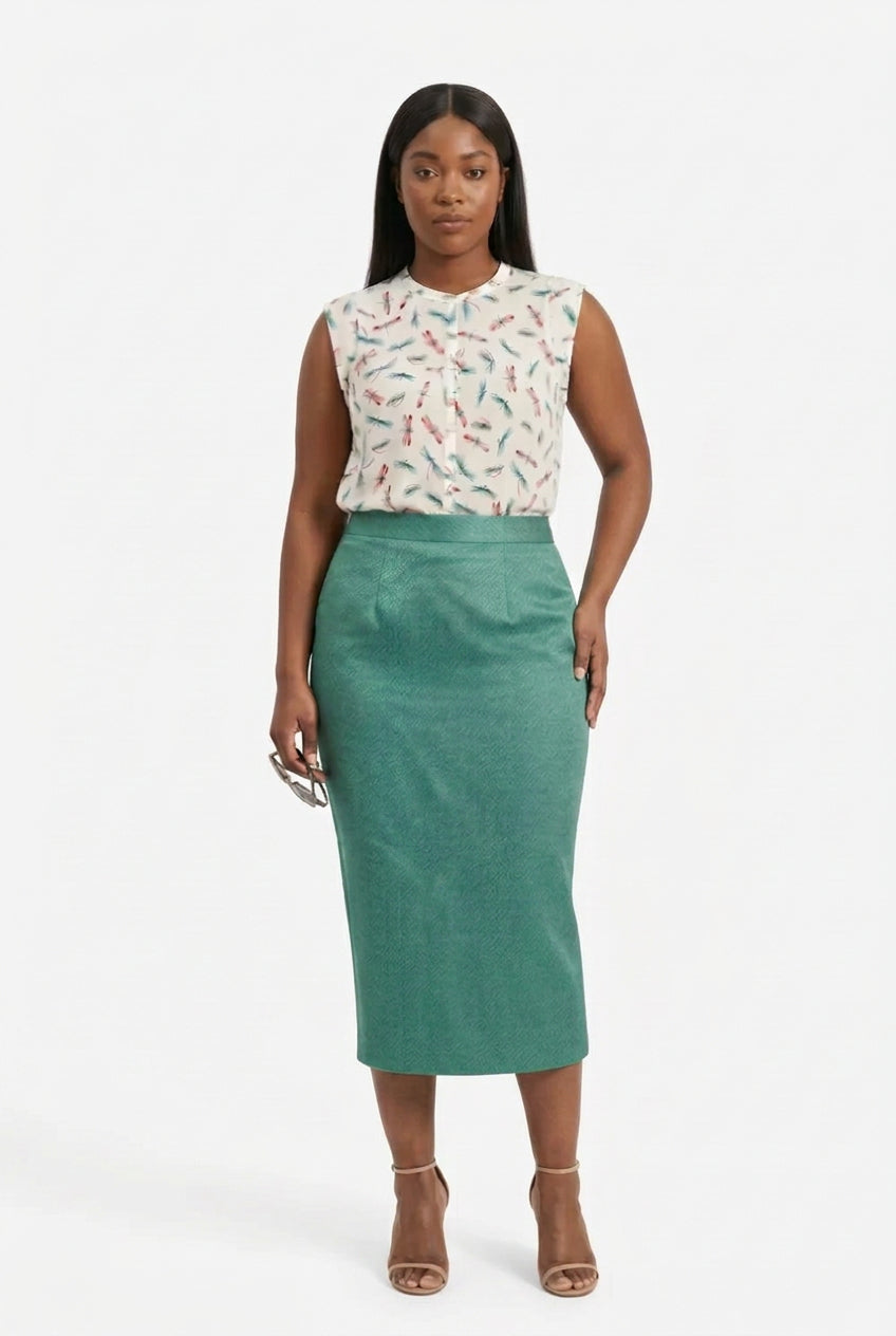 Two-piece ensemble with blouse and midi skirt — Full Ensemble Ghost Mannequin | Generated by Modelize
