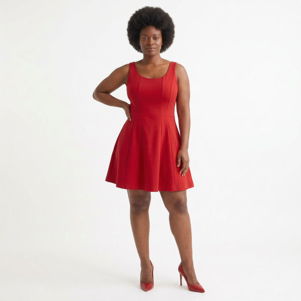 Sleeveless flared mini dress — Full Length Studio Shot | Generated by Modelize